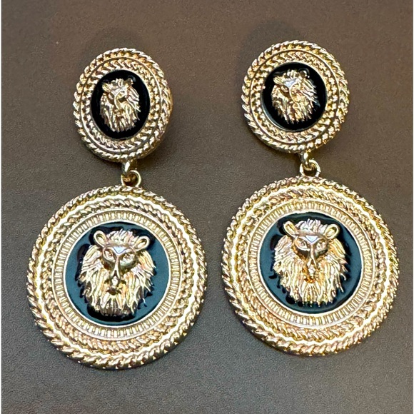 Designer Inspired Lion Head, Gold & Black Double Circle,Vintage Style Earrings - Picture 7 of 7